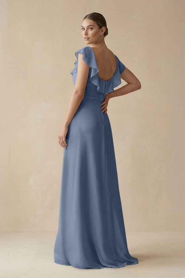 Square Neck A - Line Bridesmaid Dress with Ruffles in Neptune - KISS BRIDAL Bridesmaid Dresses