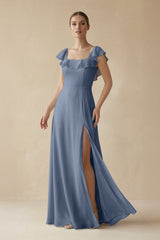 Square Neck A - Line Bridesmaid Dress with Ruffles in Neptune - KISS BRIDAL Bridesmaid Dresses