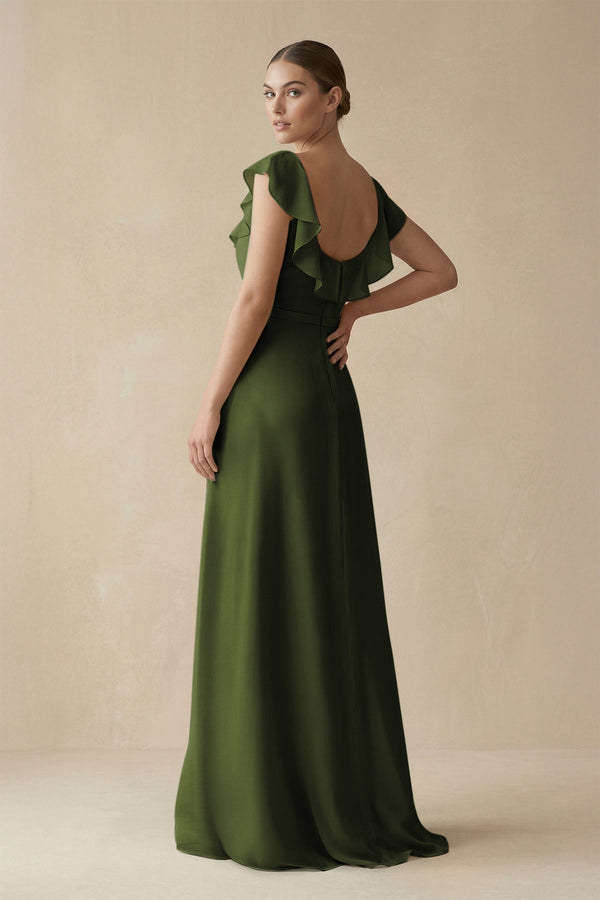 Square Neck A - Line Bridesmaid Dress with Ruffles in Olive - KISS BRIDAL Bridesmaid Dresses