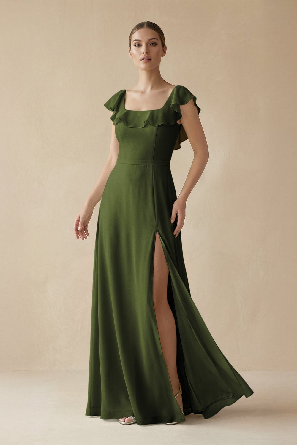 Square Neck A - Line Bridesmaid Dress with Ruffles in Olive - KISS BRIDAL Bridesmaid Dresses
