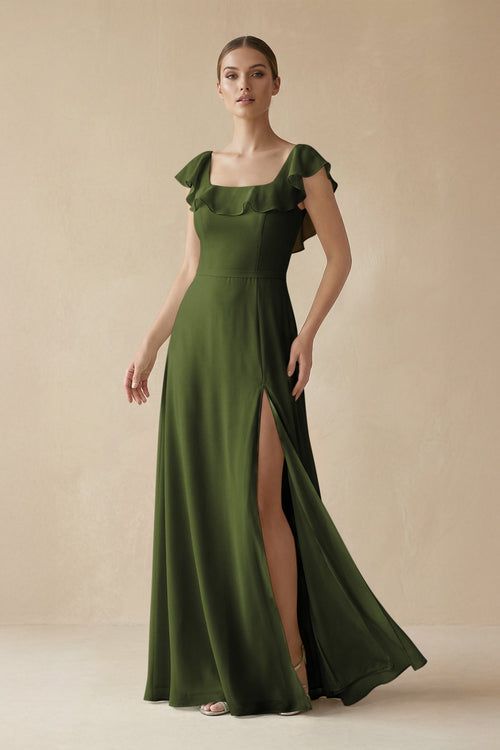 Square Neck A - Line Bridesmaid Dress with Ruffles in Olive - KISS BRIDAL Bridesmaid Dresses