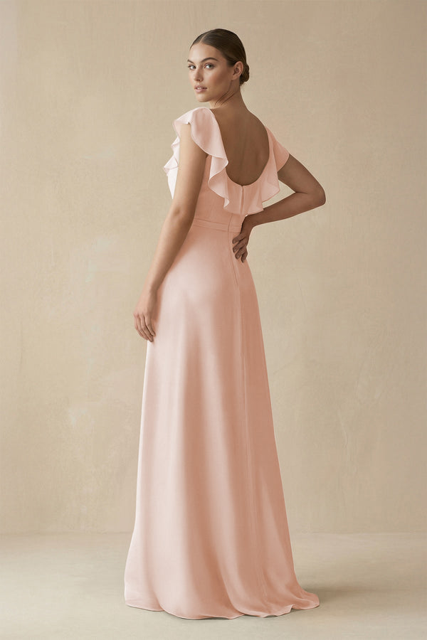Square Neck A - Line Bridesmaid Dress with Ruffles in Pale Blush - KISS BRIDAL Bridesmaid Dresses