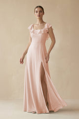 Square Neck A - Line Bridesmaid Dress with Ruffles in Pale Blush - KISS BRIDAL Bridesmaid Dresses