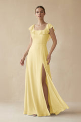 Square Neck A - Line Bridesmaid Dress with Ruffles in Pastel Yellow - KISS BRIDAL Bridesmaid Dresses