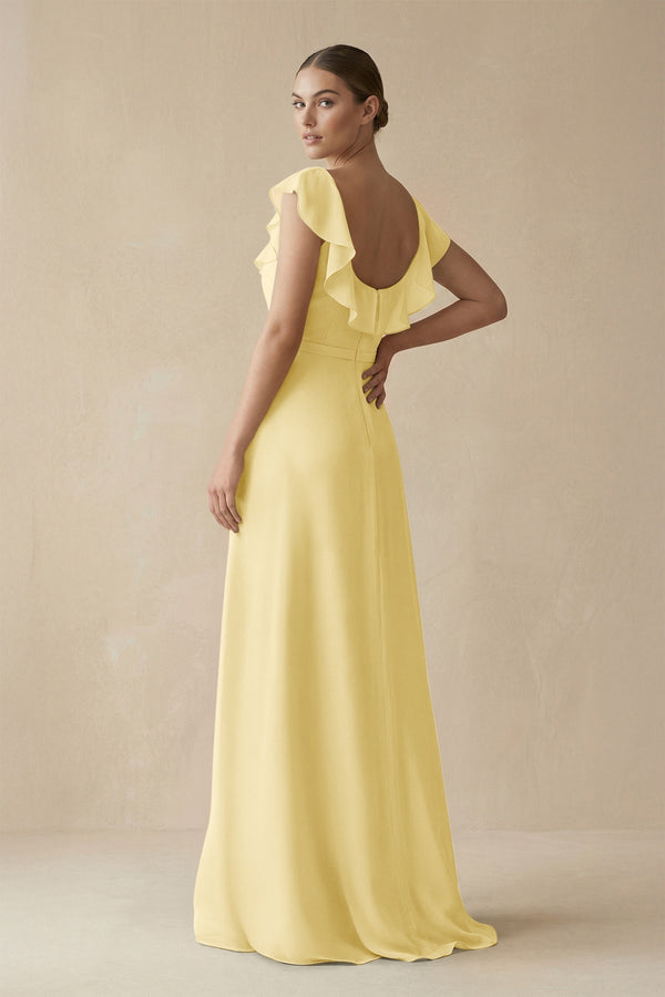 Square Neck A - Line Bridesmaid Dress with Ruffles in Pastel Yellow - KISS BRIDAL Bridesmaid Dresses