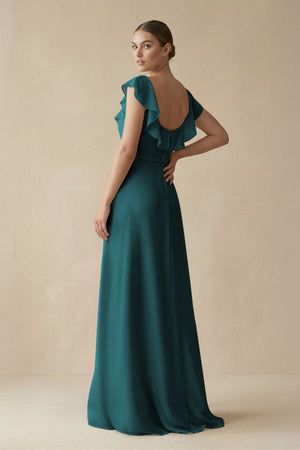 Square Neck A - Line Bridesmaid Dress with Ruffles in Pine - KISS BRIDAL Bridesmaid Dresses