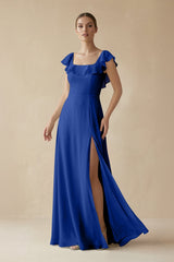Square Neck A - Line Bridesmaid Dress with Ruffles in Royal Blue - KISS BRIDAL Bridesmaid Dresses