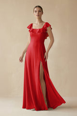 Square Neck A - Line Bridesmaid Dress with Ruffles in Ruby Red - KISS BRIDAL Bridesmaid Dresses