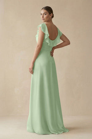 Square Neck A - Line Bridesmaid Dress with Ruffles in Sage - KISS BRIDAL Bridesmaid Dresses