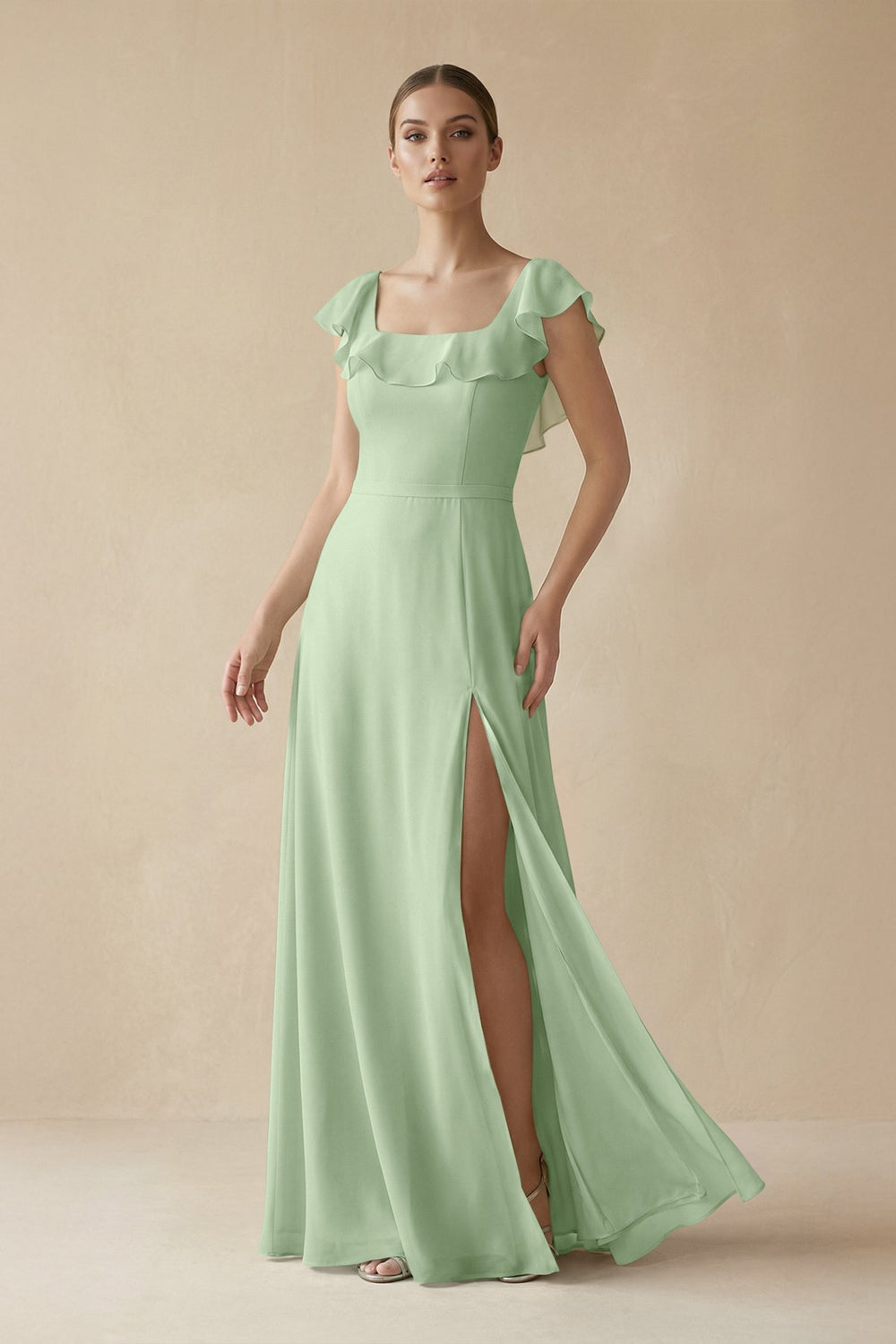 Square Neck A - Line Bridesmaid Dress with Ruffles in Sage - SHE IS ME Bridesmaid Dresses