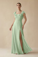 Square Neck A - Line Bridesmaid Dress with Ruffles in Sage - KISS BRIDAL Bridesmaid Dresses