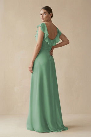 Square Neck A - Line Bridesmaid Dress with Ruffles in Sea Glass - KISS BRIDAL Bridesmaid Dresses