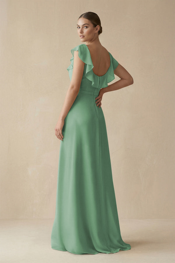 Square Neck A - Line Bridesmaid Dress with Ruffles in Sea Glass - KISS BRIDAL Bridesmaid Dresses