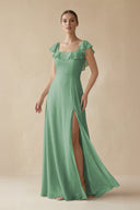 Square Neck A - Line Bridesmaid Dress with Ruffles in Sea Glass - KISS BRIDAL Bridesmaid Dresses