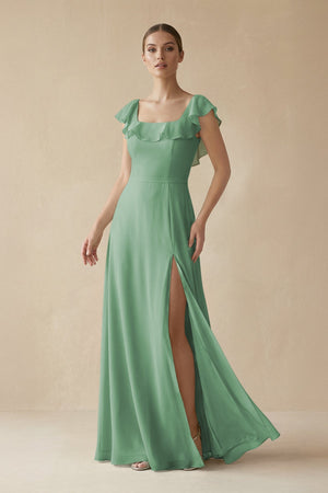 Square Neck A - Line Bridesmaid Dress with Ruffles in Sea Glass - KISS BRIDAL Bridesmaid Dresses