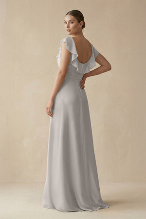 Square Neck A - Line Bridesmaid Dress with Ruffles in Silver - KISS BRIDAL Bridesmaid Dresses