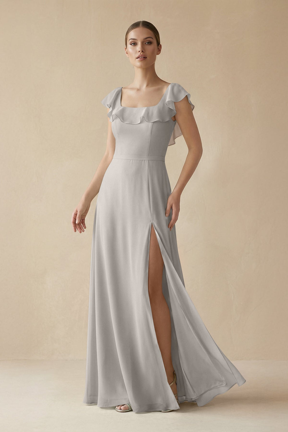 Square Neck A - Line Bridesmaid Dress with Ruffles in Silver - KISS BRIDAL Bridesmaid Dresses