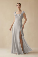 Square Neck A - Line Bridesmaid Dress with Ruffles in Silver - KISS BRIDAL Bridesmaid Dresses