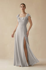 Square Neck A - Line Bridesmaid Dress with Ruffles in Silver - KISS BRIDAL Bridesmaid Dresses
