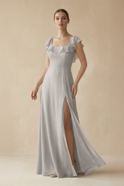 Square Neck A - Line Bridesmaid Dress with Ruffles in Silver - KISS BRIDAL Bridesmaid Dresses