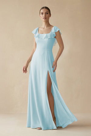 Square Neck A - Line Bridesmaid Dress with Ruffles in Sky Blue - KISS BRIDAL Bridesmaid Dresses