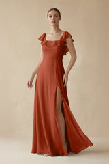 Square Neck A - Line Bridesmaid Dress with Ruffles in Spice - KISS BRIDAL Bridesmaid Dresses