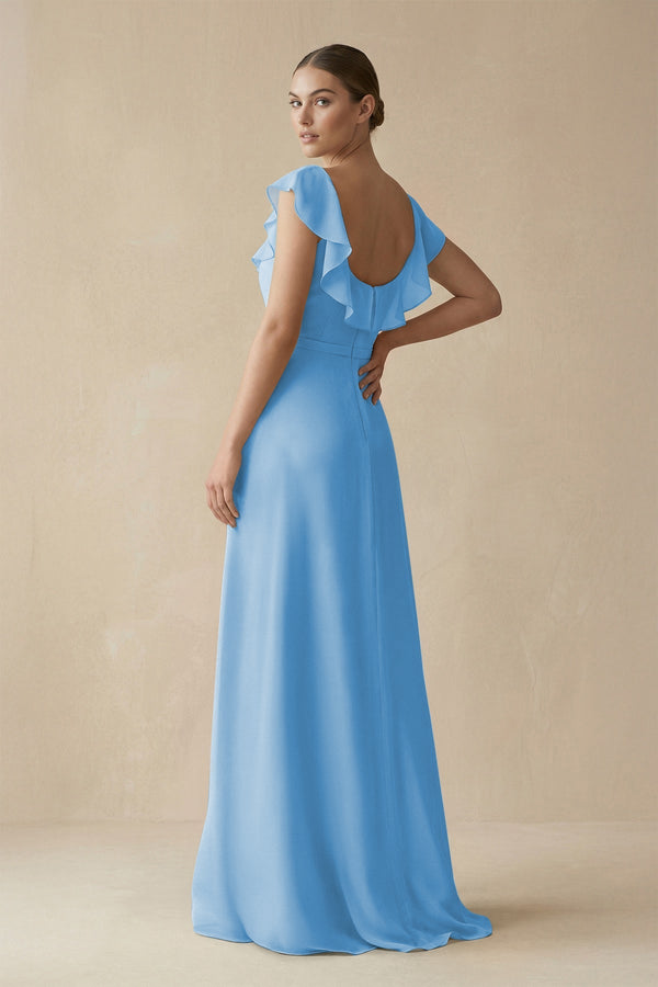 Square Neck A - Line Bridesmaid Dress with Ruffles in Steel Blue - KISS BRIDAL Bridesmaid Dresses
