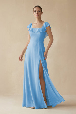 Square Neck A - Line Bridesmaid Dress with Ruffles in Steel Blue - KISS BRIDAL Bridesmaid Dresses