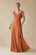 Square Neck A - Line Bridesmaid Dress with Ruffles in Terracotta - KISS BRIDAL Bridesmaid Dresses