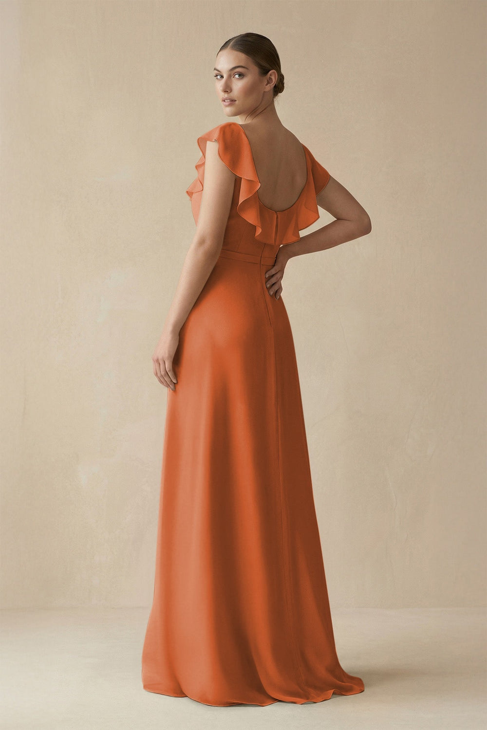 Square Neck A - Line Bridesmaid Dress with Ruffles in Terracotta - SHE IS ME Bridesmaid Dresses