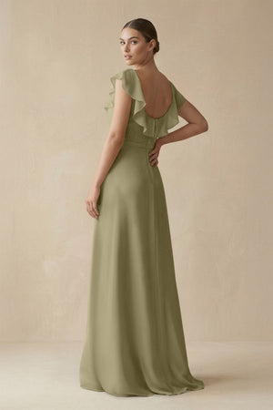 Square Neck A - Line Bridesmaid Dress with Ruffles in Thyme - KISS BRIDAL Bridesmaid Dresses