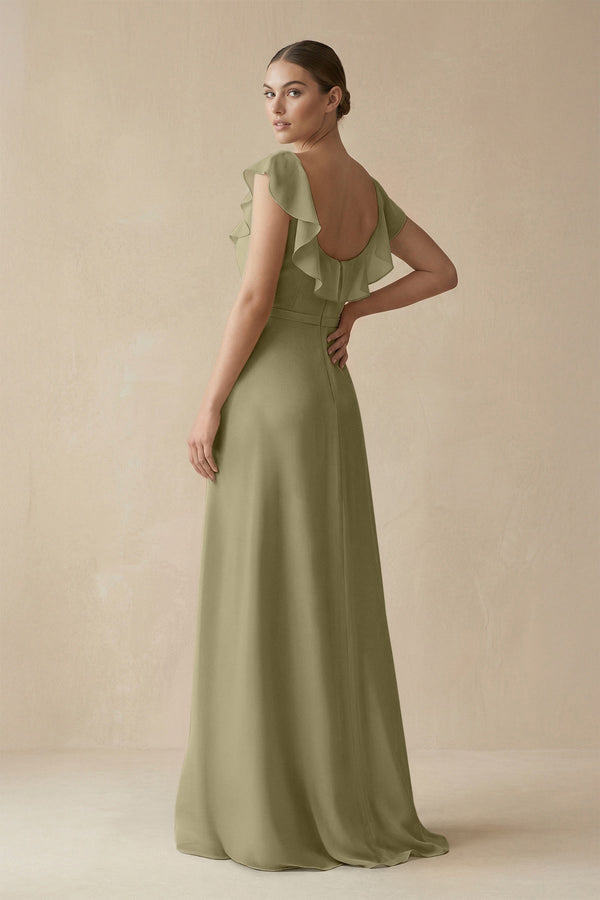 Square Neck A - Line Bridesmaid Dress with Ruffles in Thyme - KISS BRIDAL Bridesmaid Dresses