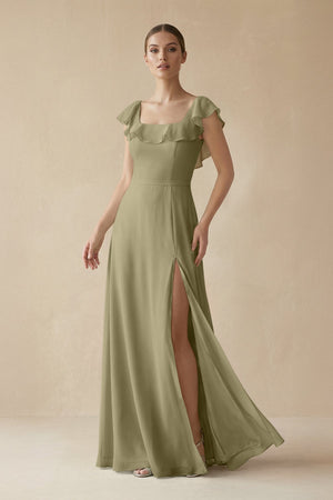 Square Neck A - Line Bridesmaid Dress with Ruffles in Thyme - KISS BRIDAL Bridesmaid Dresses