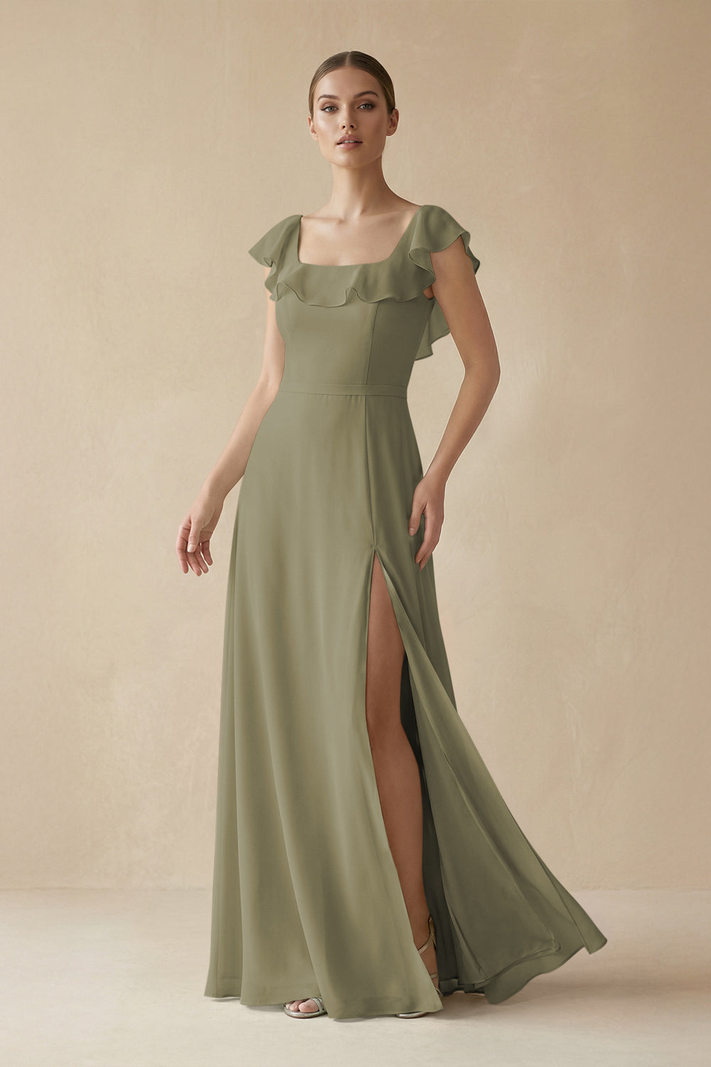 Square Neck A-Line Bridesmaid Dress with Ruffles in Thyme