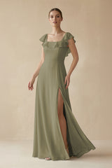 Square Neck A - Line Bridesmaid Dress with Ruffles in Thyme - KISS BRIDAL Bridesmaid Dresses