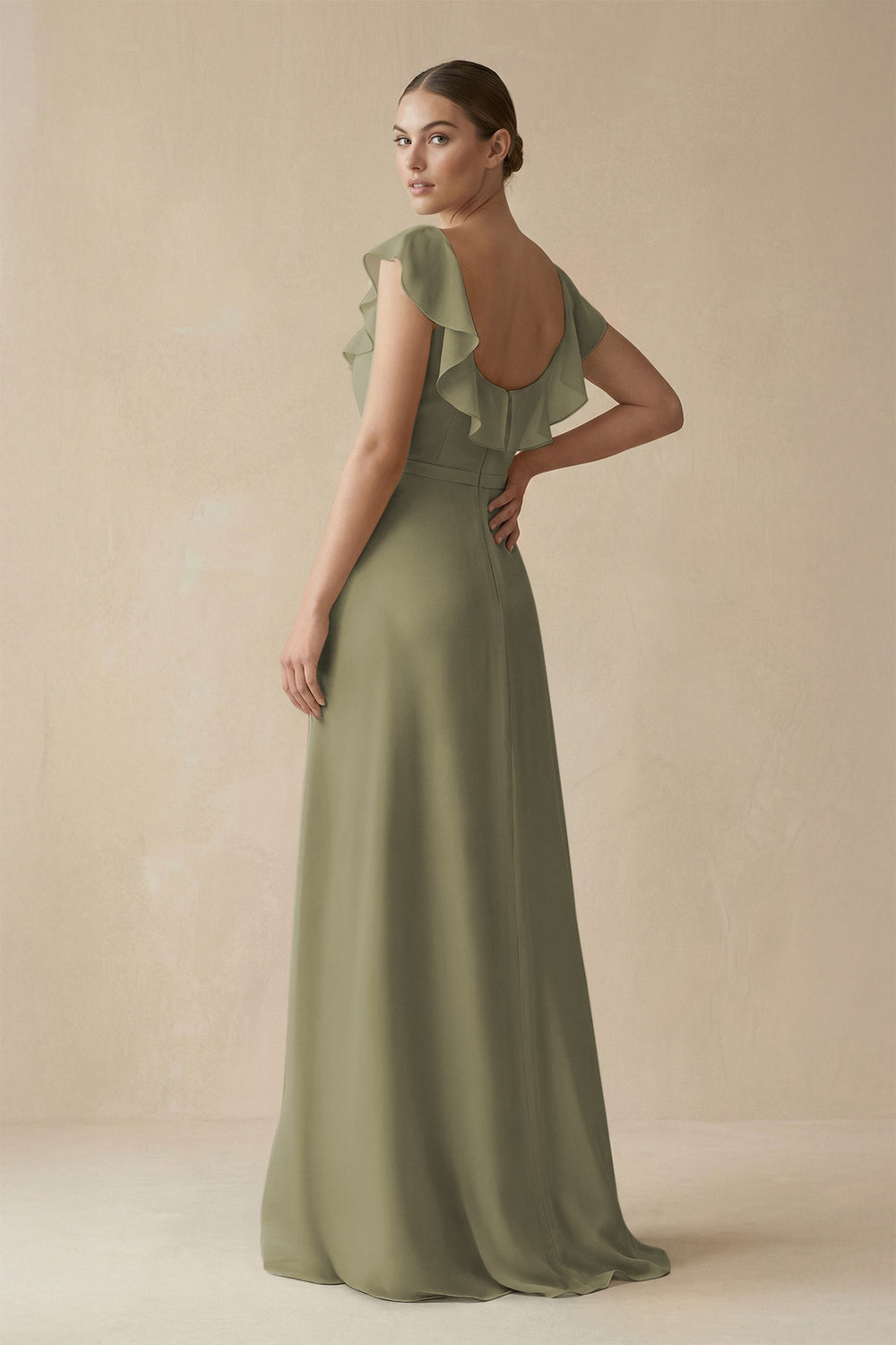 Square Neck A-Line Bridesmaid Dress with Ruffles in Thyme