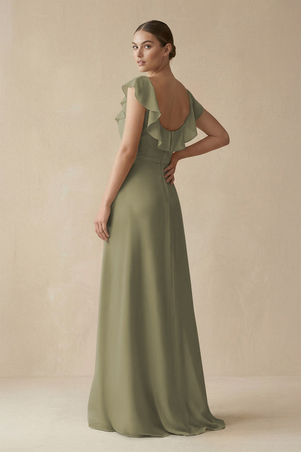 Square Neck A - Line Bridesmaid Dress with Ruffles in Thyme - KISS BRIDAL Bridesmaid Dresses
