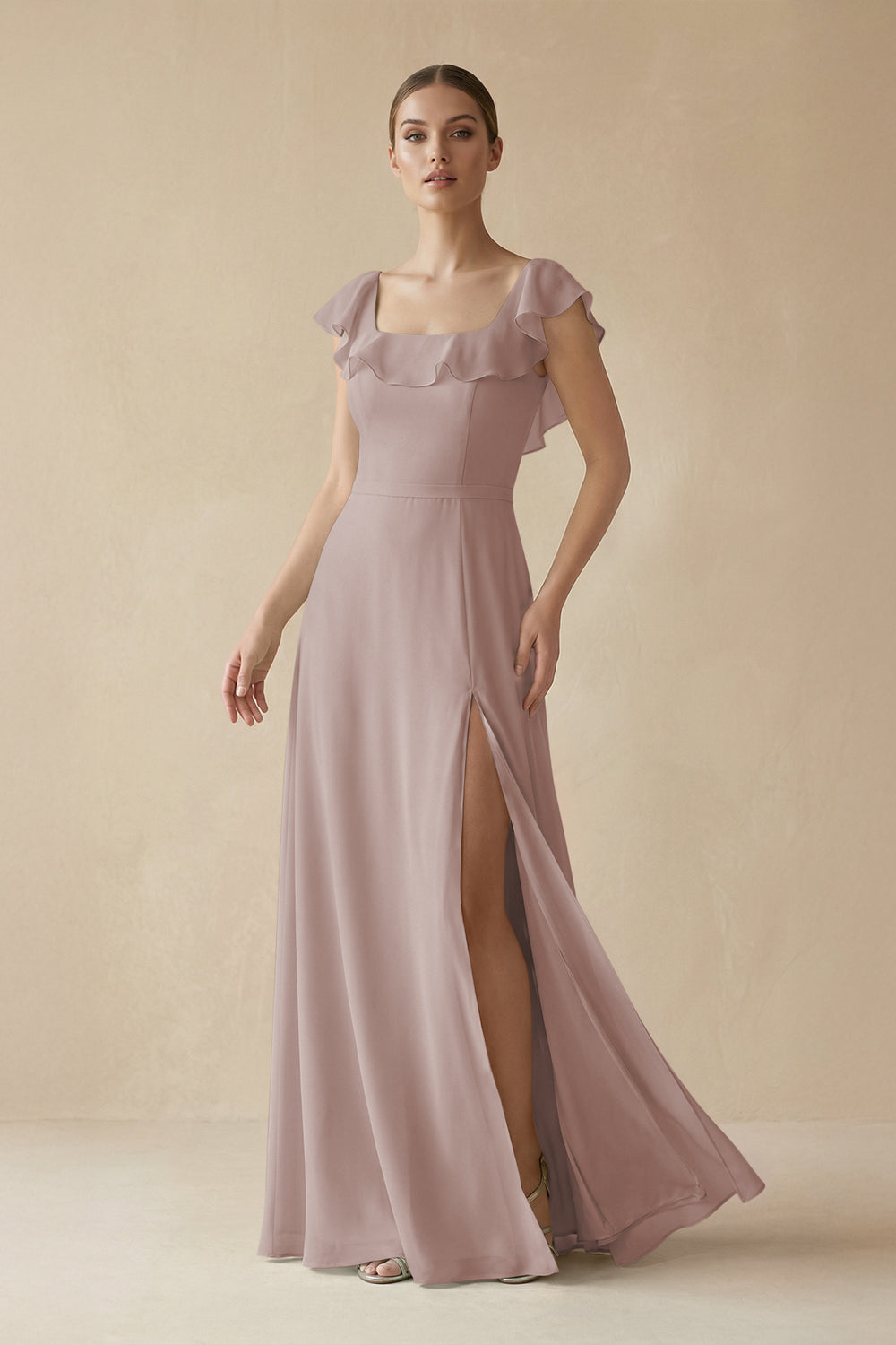 Square Neck A-Line Bridesmaid Dress with Ruffles in Toffee