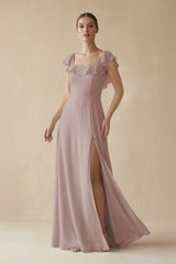 Square Neck A - Line Bridesmaid Dress with Ruffles in Toffee - KISS BRIDAL Bridesmaid Dresses