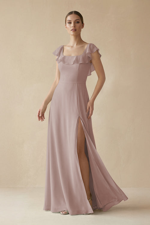 Square Neck A - Line Bridesmaid Dress with Ruffles in Toffee - KISS BRIDAL Bridesmaid Dresses