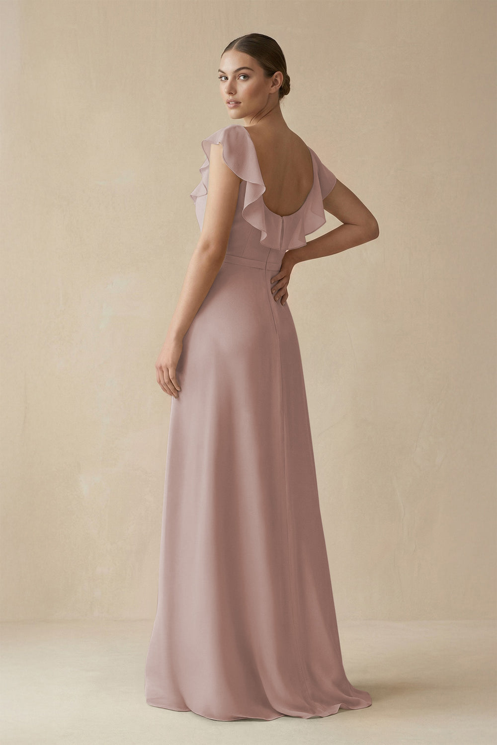 Square Neck A-Line Bridesmaid Dress with Ruffles in Toffee