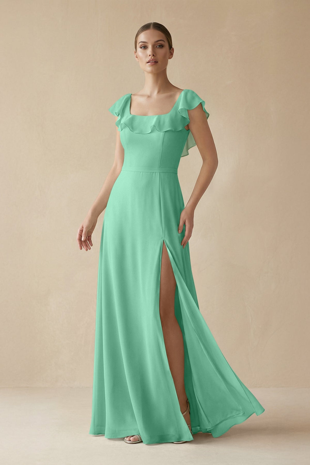 Square Neck A - Line Bridesmaid Dress with Ruffles in Turquoise - KISS BRIDAL Bridesmaid Dresses