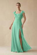 Square Neck A - Line Bridesmaid Dress with Ruffles in Turquoise - KISS BRIDAL Bridesmaid Dresses