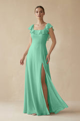 Square Neck A - Line Bridesmaid Dress with Ruffles in Turquoise - KISS BRIDAL Bridesmaid Dresses