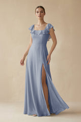 Square Neck A - Line Bridesmaid Dress with Ruffles in Twilight - KISS BRIDAL Bridesmaid Dresses