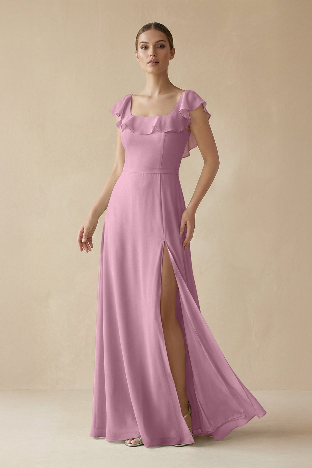 Square Neck A - Line Bridesmaid Dress with Ruffles in Vintage Mauve - KISS BRIDAL Bridesmaid Dresses