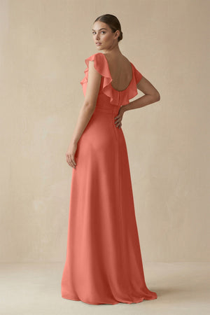 Square Neck A - Line Bridesmaid Dress with Ruffles in Wild Rose - KISS BRIDAL Bridesmaid Dresses