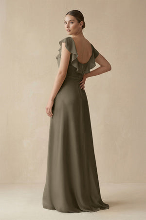 Square Neck A - Line Bridesmaid Dress with Ruffles in Willow Green - KISS BRIDAL Bridesmaid Dresses