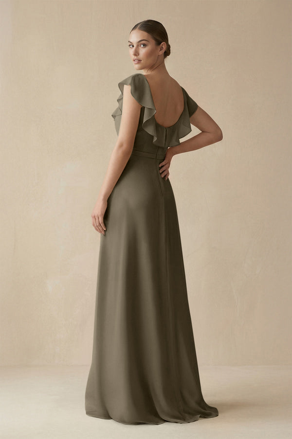 Square Neck A - Line Bridesmaid Dress with Ruffles in Willow Green - KISS BRIDAL Bridesmaid Dresses