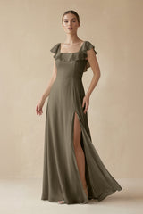 Square Neck A - Line Bridesmaid Dress with Ruffles in Willow Green - KISS BRIDAL Bridesmaid Dresses
